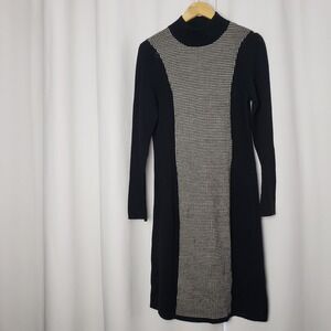 Lauren Ralph Lauren Merino Wool Houndstooth Mock Neck Sweater Dress Black Size L